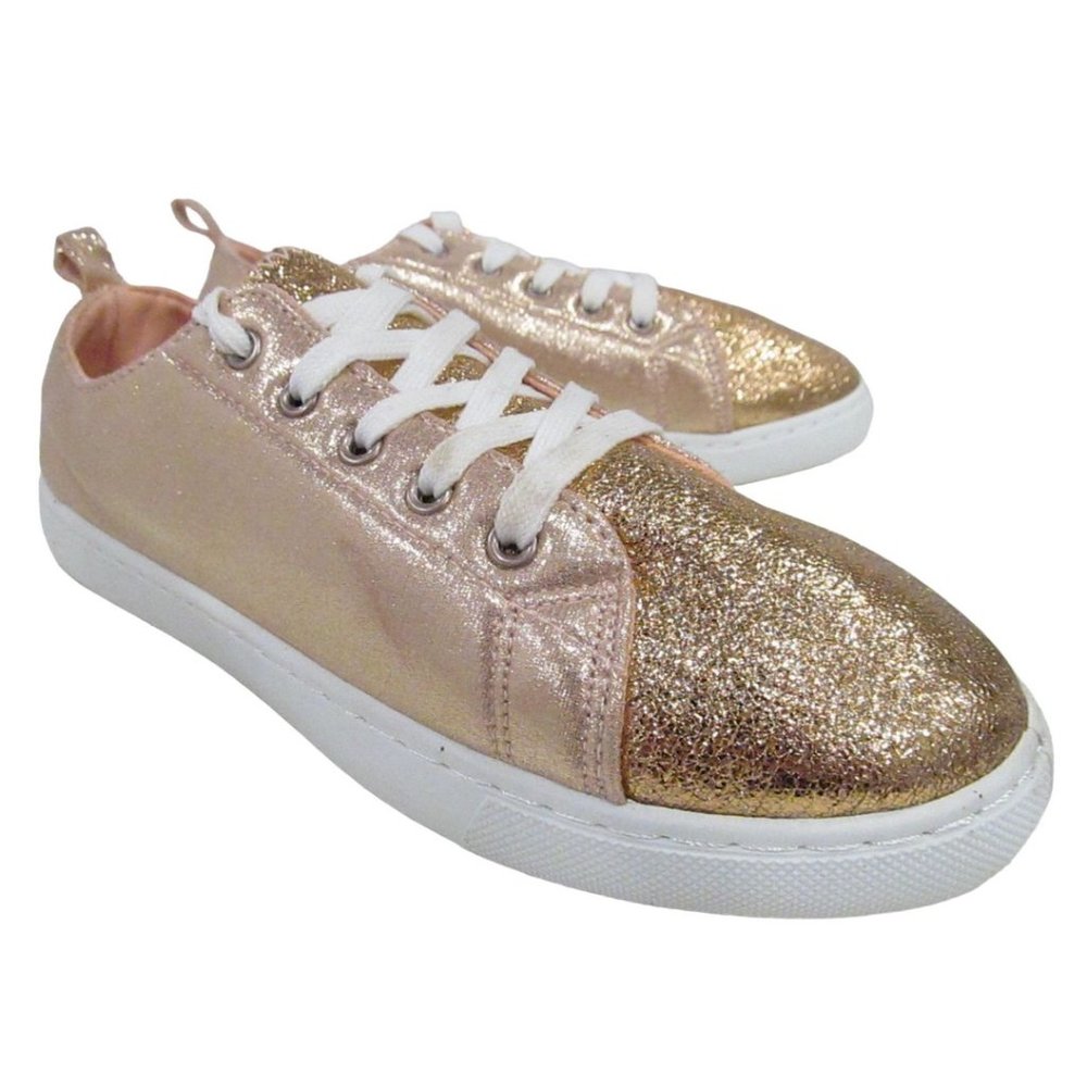 New SOLEMATES Womens Metallic Rose Gold Glitter SNEAKERS / SHOES Lace-Up Sz 9/10